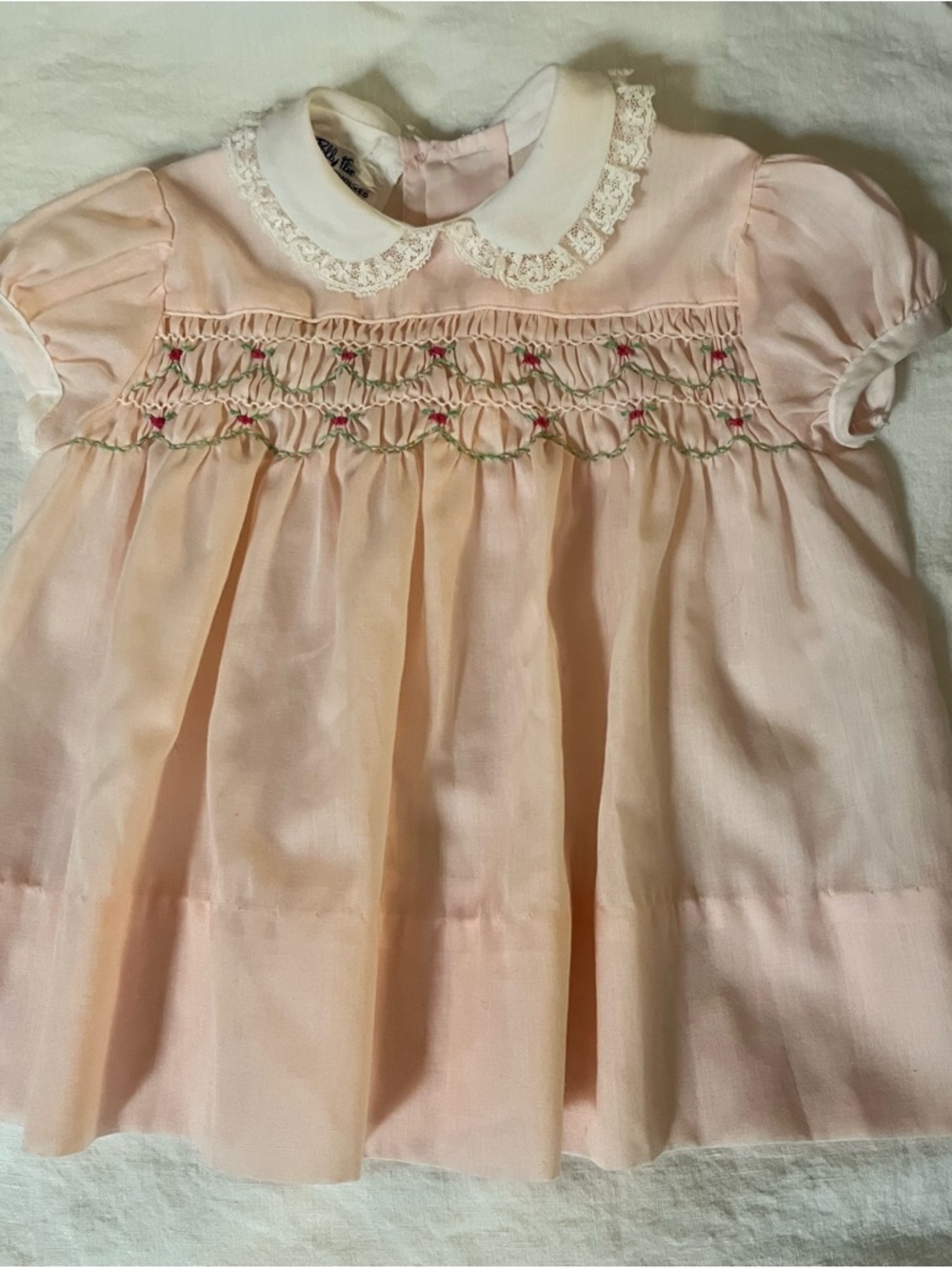 Vintage Polly Flinders Hand Smocked Pink Baby Dress with Peter Pan Collar 3-9 M
